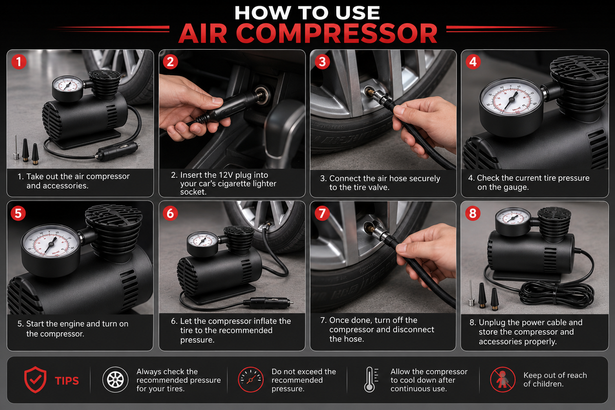 Portable 12V Heavy Duty Car Air Compressor – Electric Tire Inflator Pump with Analog Pressure Gauge