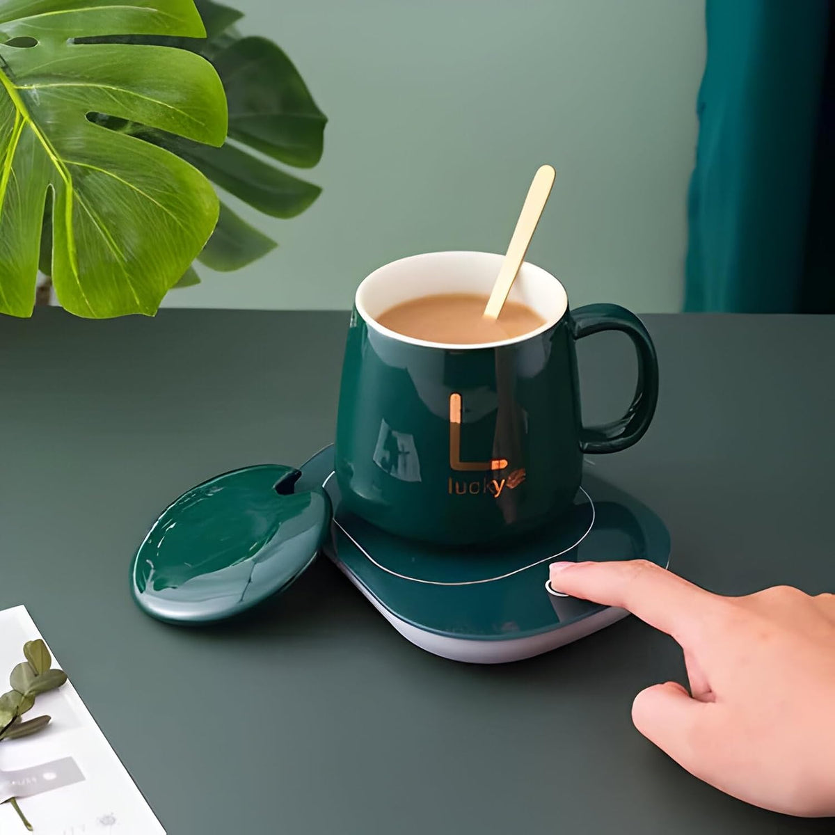 300ml Ceramic Electric Coffee Mug Warmer Set with Smart Heating Coaster for Home & Office | Green