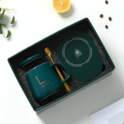 300ml Ceramic Electric Coffee Mug Warmer Set with Smart Heating Coaster for Home & Office | Green