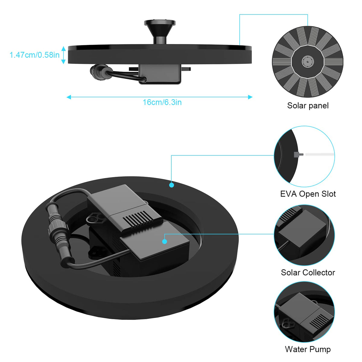1.4W Solar Floating Fountain Pump with 7 Spray Nozzles for Bird Bath, Pond & Garden