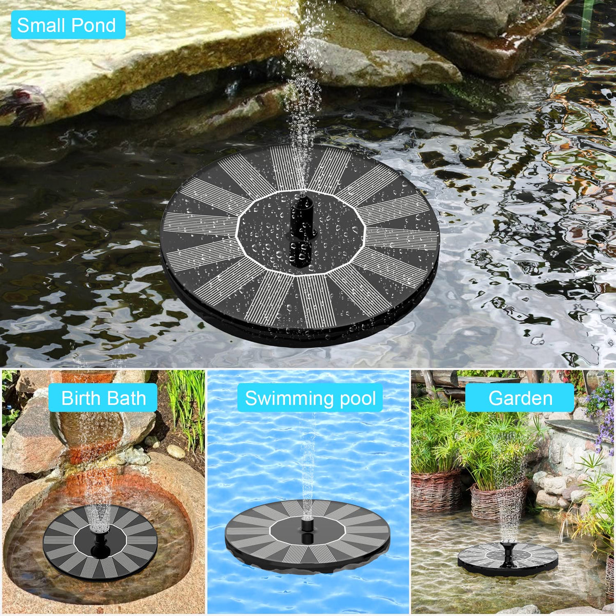 1.4W Solar Floating Fountain Pump with 7 Spray Nozzles for Bird Bath, Pond & Garden